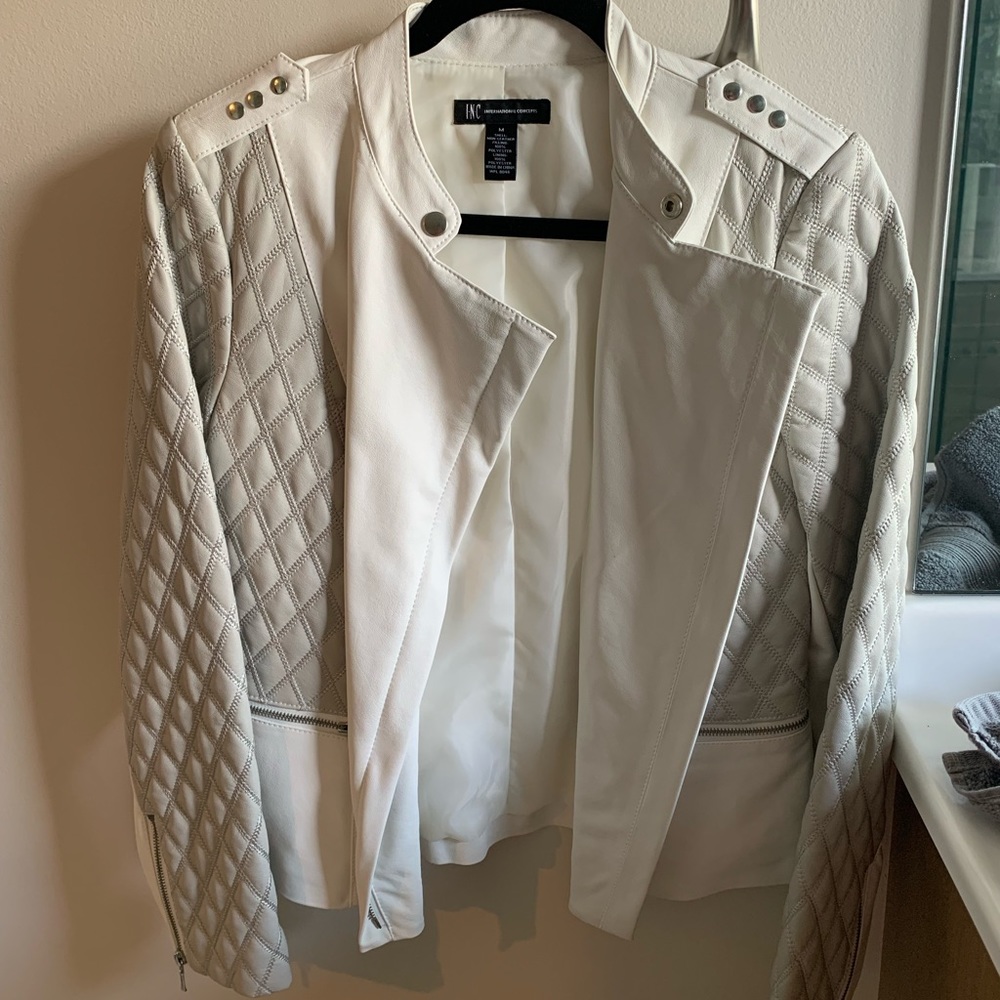 INC white and gray faux leather jacket